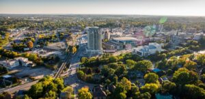 Downtown Guelph as seen from a drone above the city. Taken fall 2014. Many of the new projects in the core of the city can be seen. Photo by Andrew Goodwin / Phil Maurion / Eye Fly Media Inc.